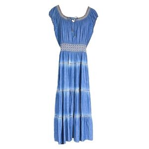 Lapis Denim Dress Maxi Smocked Waist Blue Peasant Off‎ Shoulder Petite Large PL